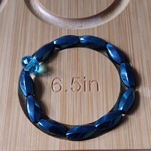 Blue Hematite Bead Stretch Bracelet with Aqua Accent